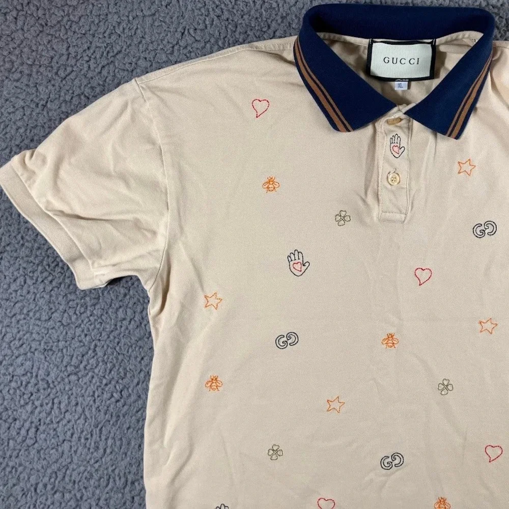 Gucci Mens XL Beige Embroidered Bee GG Logo Polo Shirt